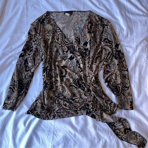 Elegant Paisley Wrap Blouse in Black and Tan
